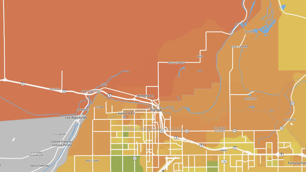 Map of the best neighborhoods in the Winterhaven area, with better matches in green and worse matches in red