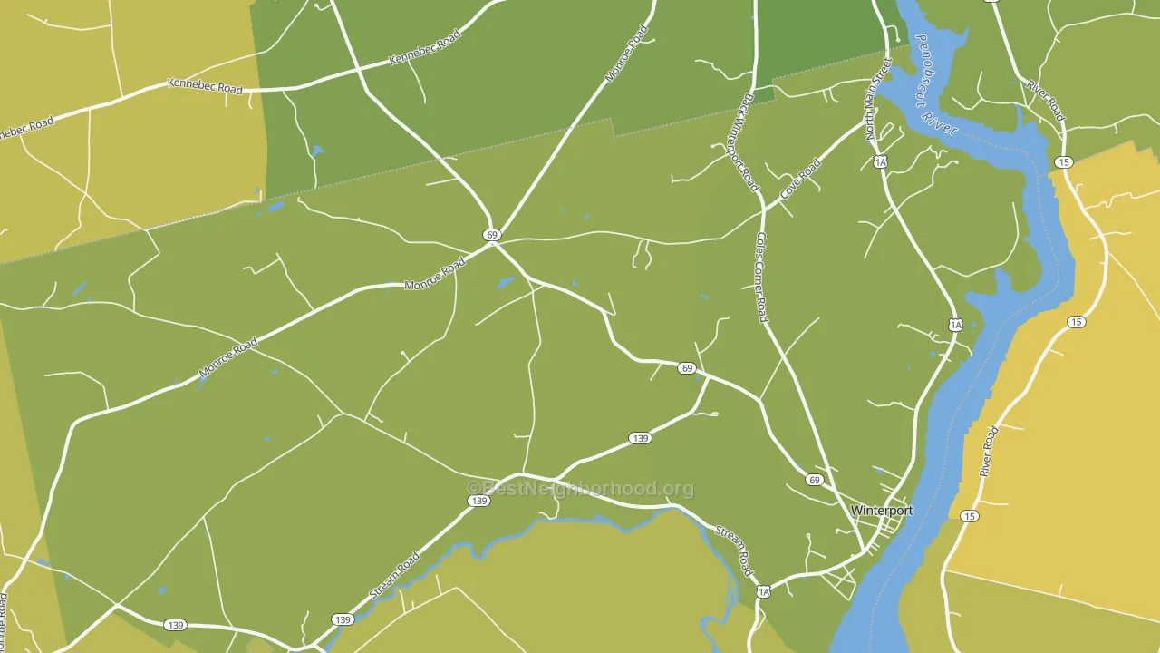 Map of the best neighborhoods in the Winterport area, with better matches in green and worse matches in red