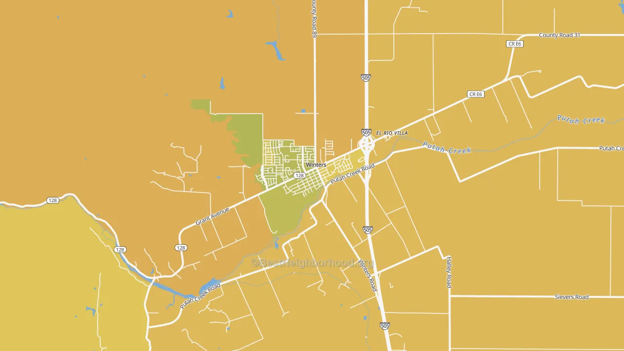 Map of the best neighborhoods in the Winters area, with better matches in green and worse matches in red
