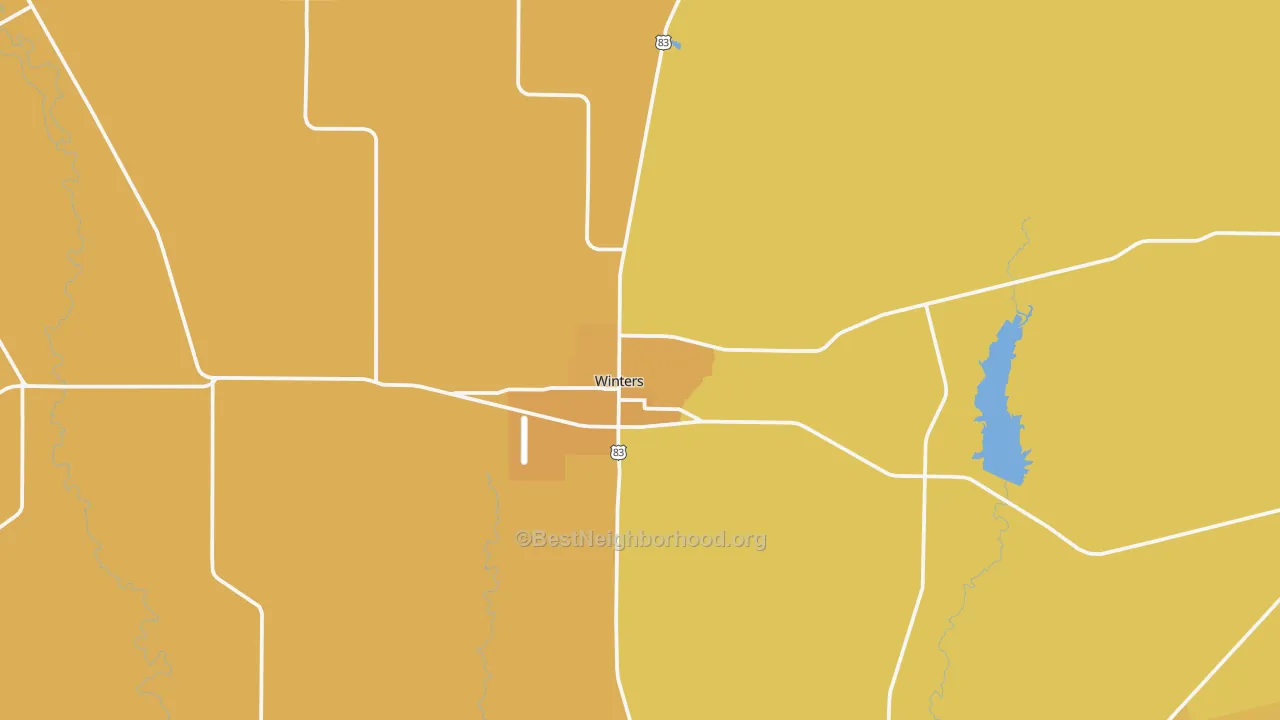 Map of the best neighborhoods in the Winters area, with better matches in green and worse matches in red
