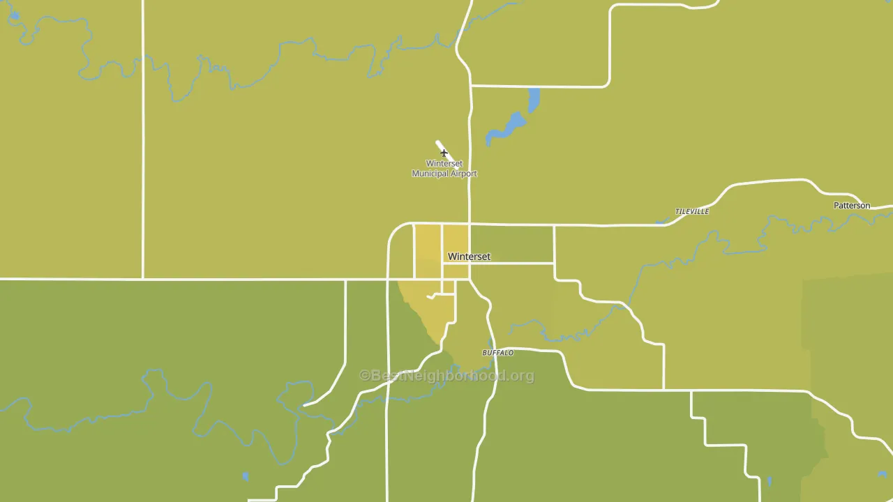 Map of the best neighborhoods in the Winterset area, with better matches in green and worse matches in red
