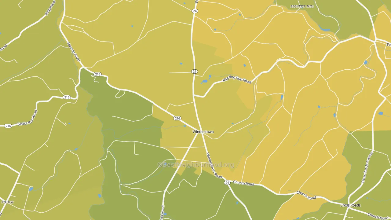Map of the best neighborhoods in the Winterstown area, with better matches in green and worse matches in red