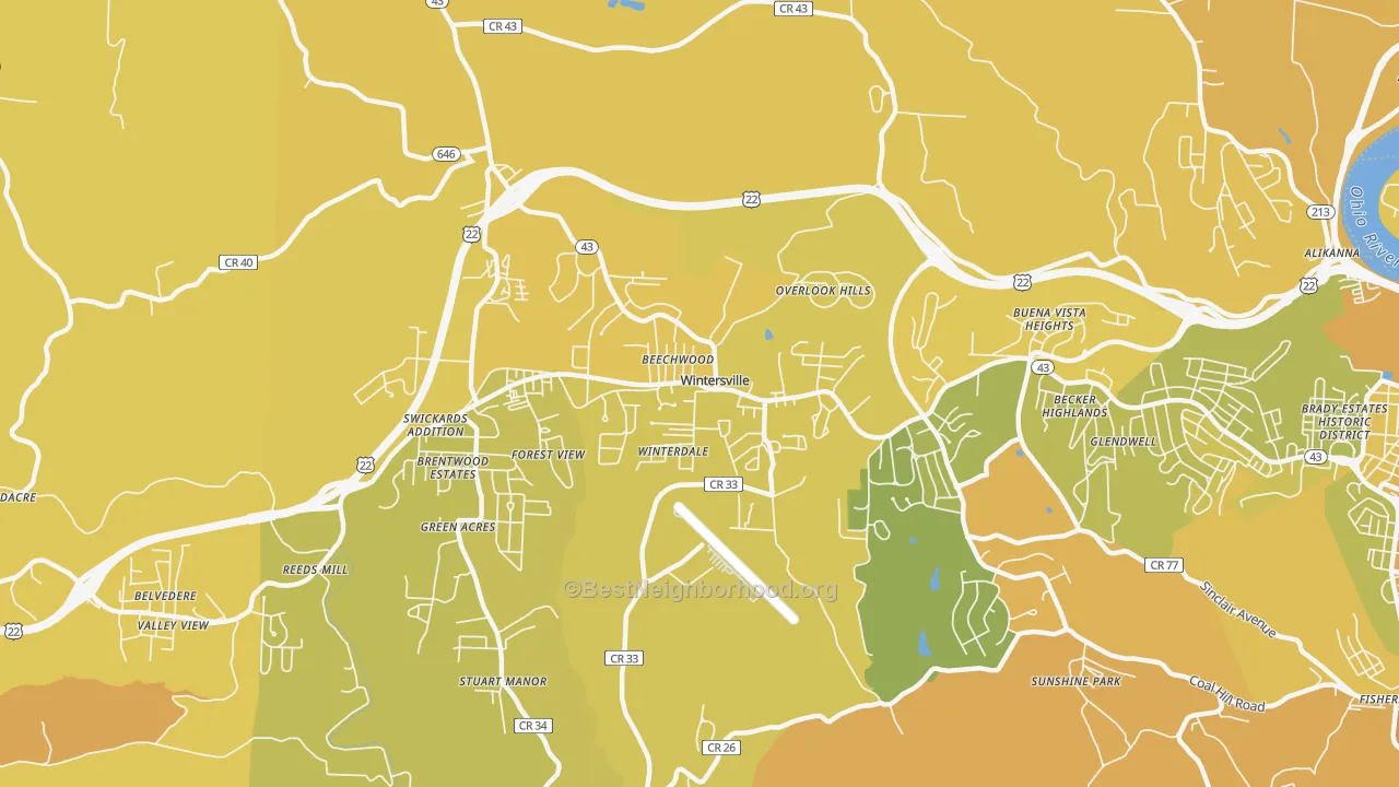 Map of the best neighborhoods in the Wintersville area, with better matches in green and worse matches in red