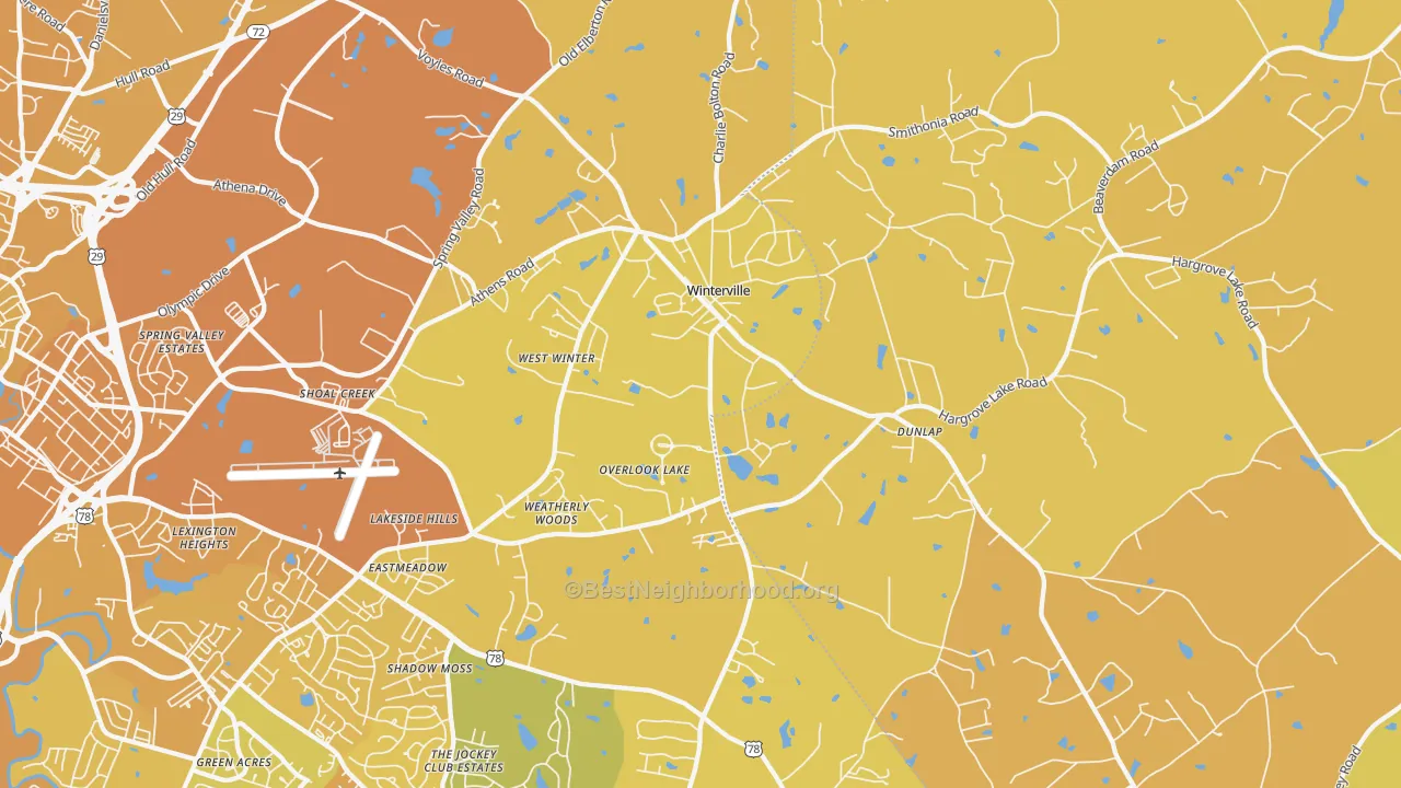 Map of the best neighborhoods in the Winterville area, with better matches in green and worse matches in red