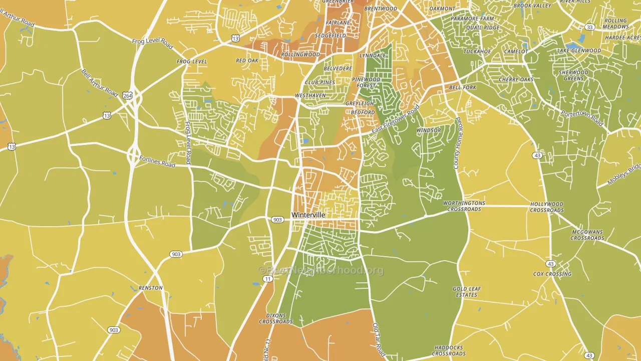 Map of the best neighborhoods in the Winterville area, with better matches in green and worse matches in red