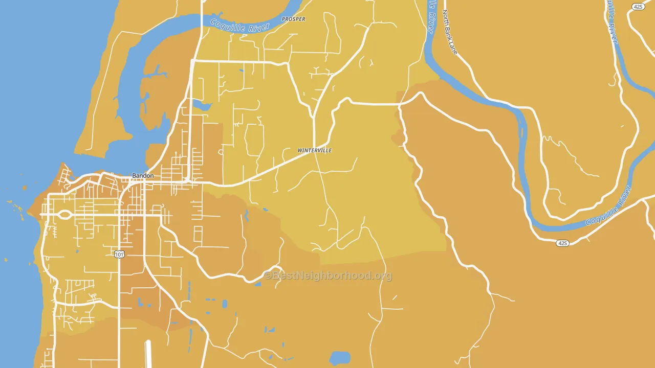 Map of the best neighborhoods in the Winterville area, with better matches in green and worse matches in red