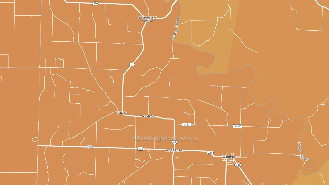 Map of the best neighborhoods in the Winthrop area, with better matches in green and worse matches in red