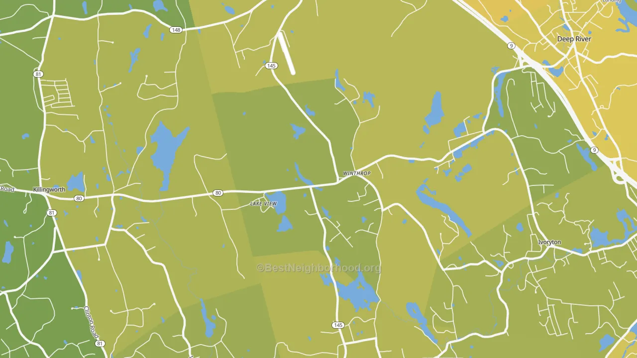 Map of the best neighborhoods in the Winthrop area, with better matches in green and worse matches in red