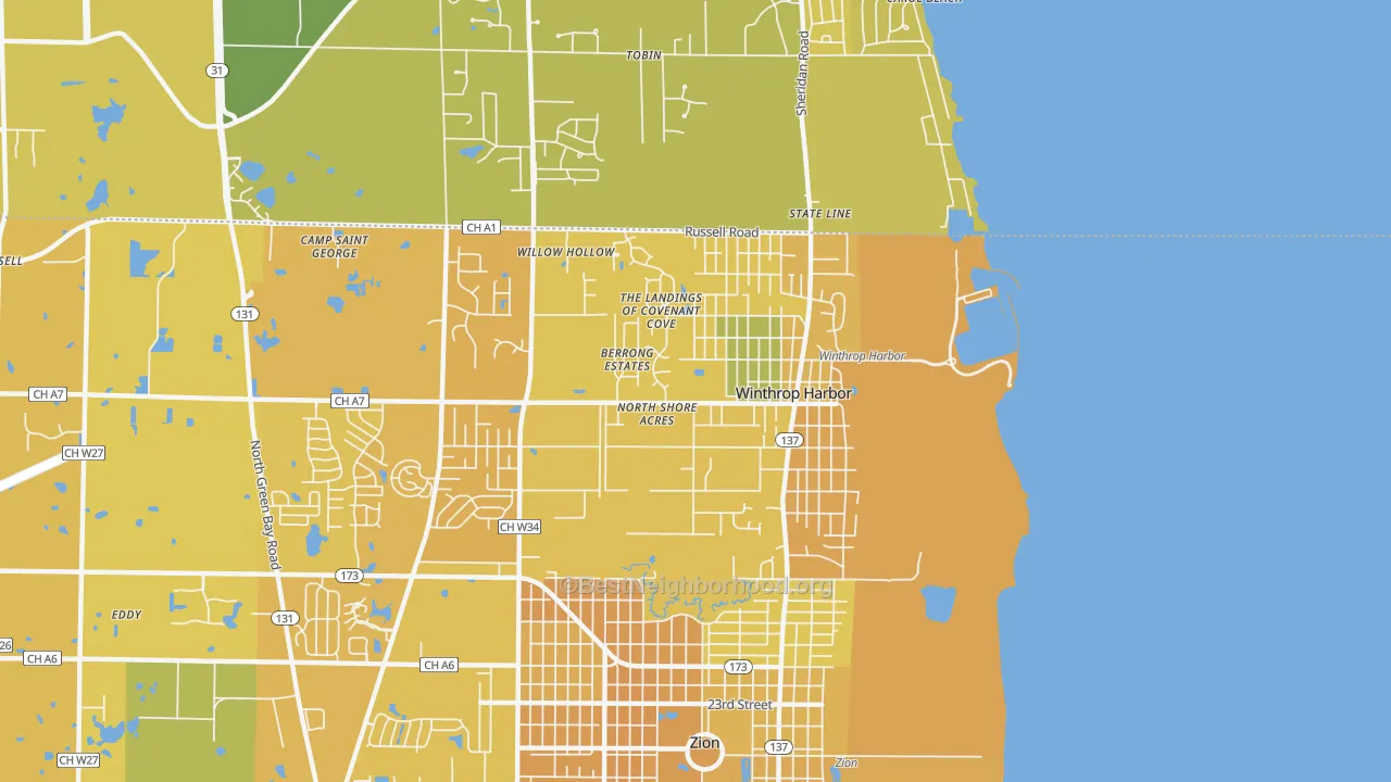 Map of the best neighborhoods in the Winthrop Harbor area, with better matches in green and worse matches in red
