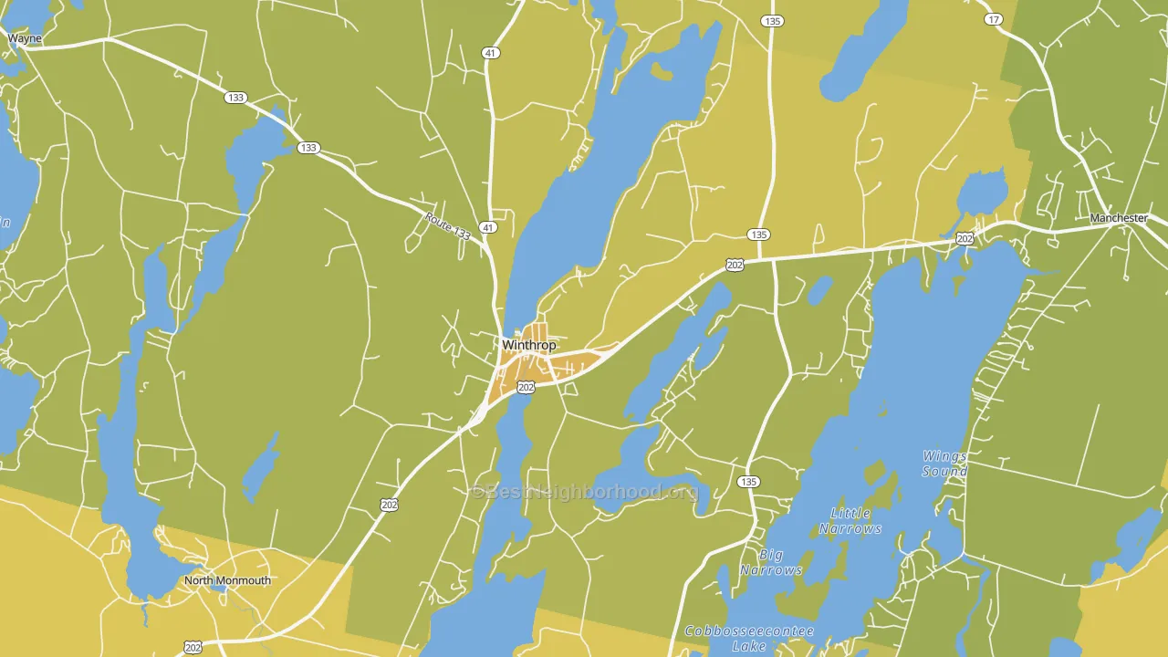 Map of the best neighborhoods in the Winthrop area, with better matches in green and worse matches in red