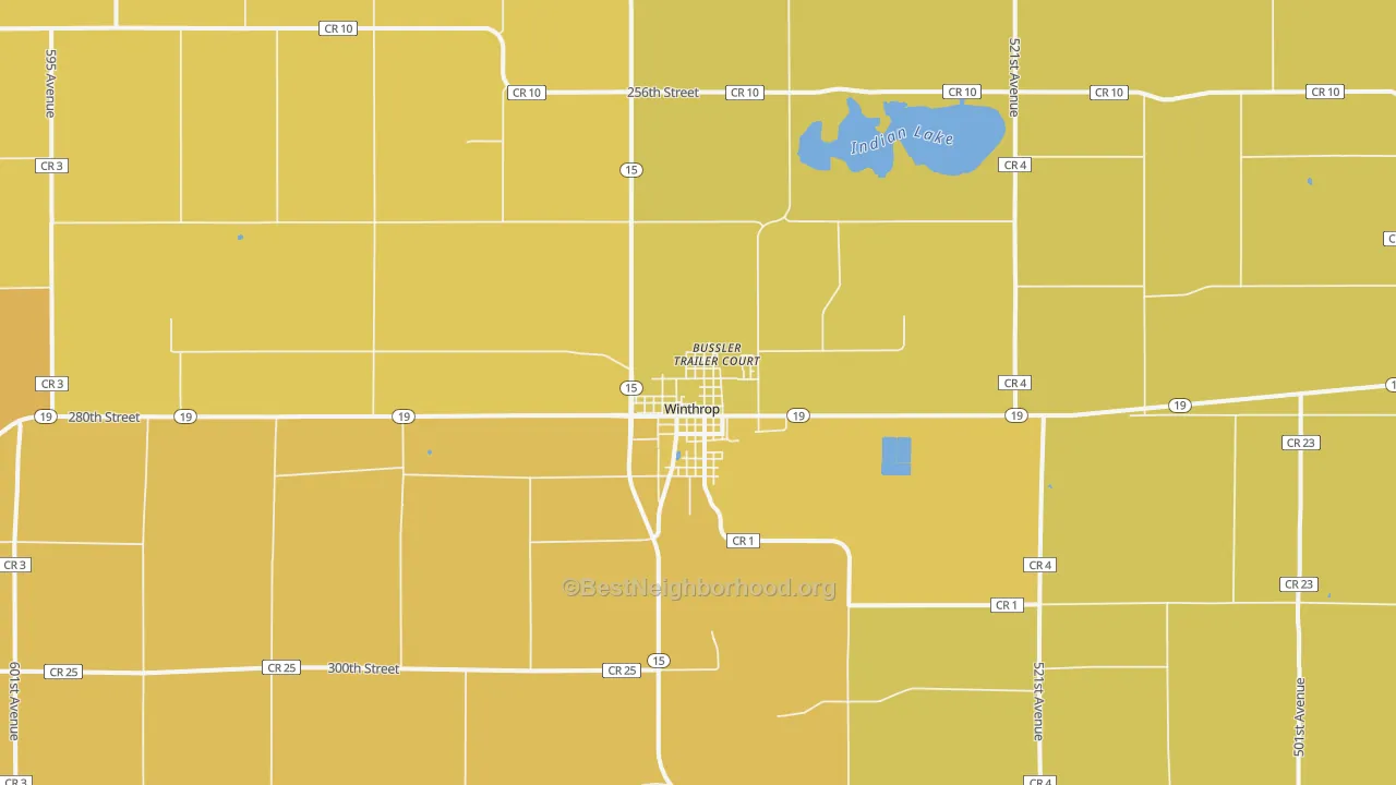 Map of the best neighborhoods in the Winthrop area, with better matches in green and worse matches in red