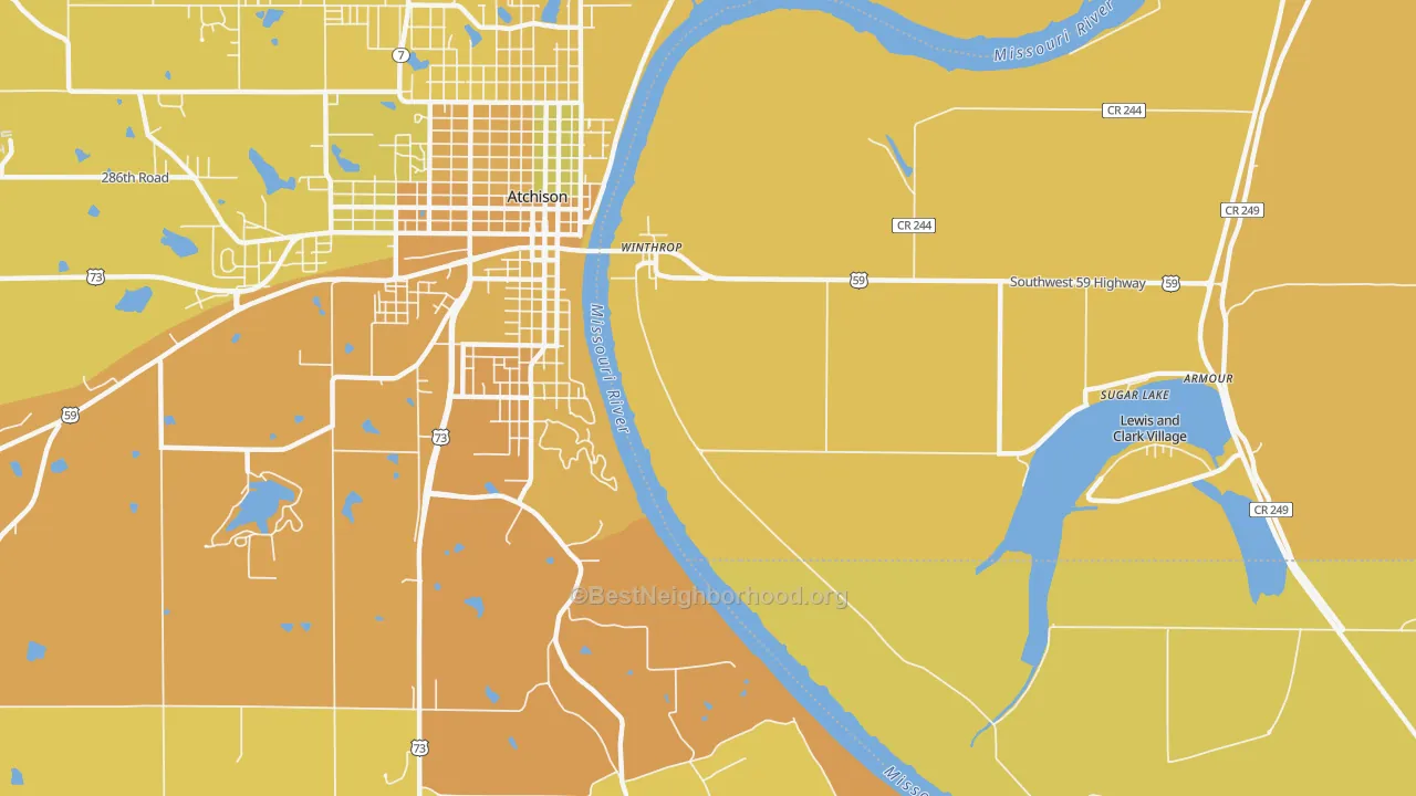 Map of the best neighborhoods in the Winthrop area, with better matches in green and worse matches in red