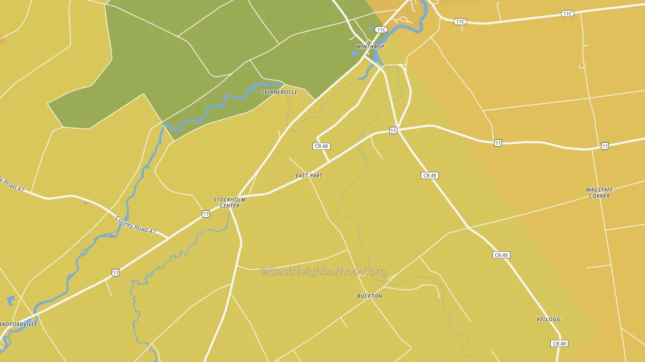 Map of the best neighborhoods in the Winthrop area, with better matches in green and worse matches in red