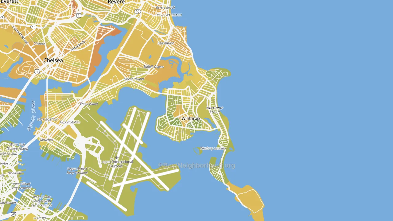 Map of the best neighborhoods in the Winthrop Town area, with better matches in green and worse matches in red
