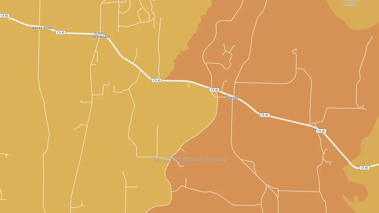 Map of the best neighborhoods in the Winton area, with better matches in green and worse matches in red