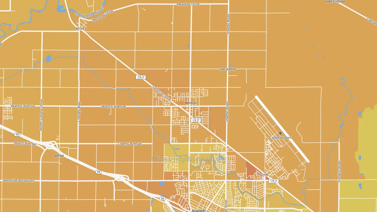 Map of the best neighborhoods in the Winton area, with better matches in green and worse matches in red