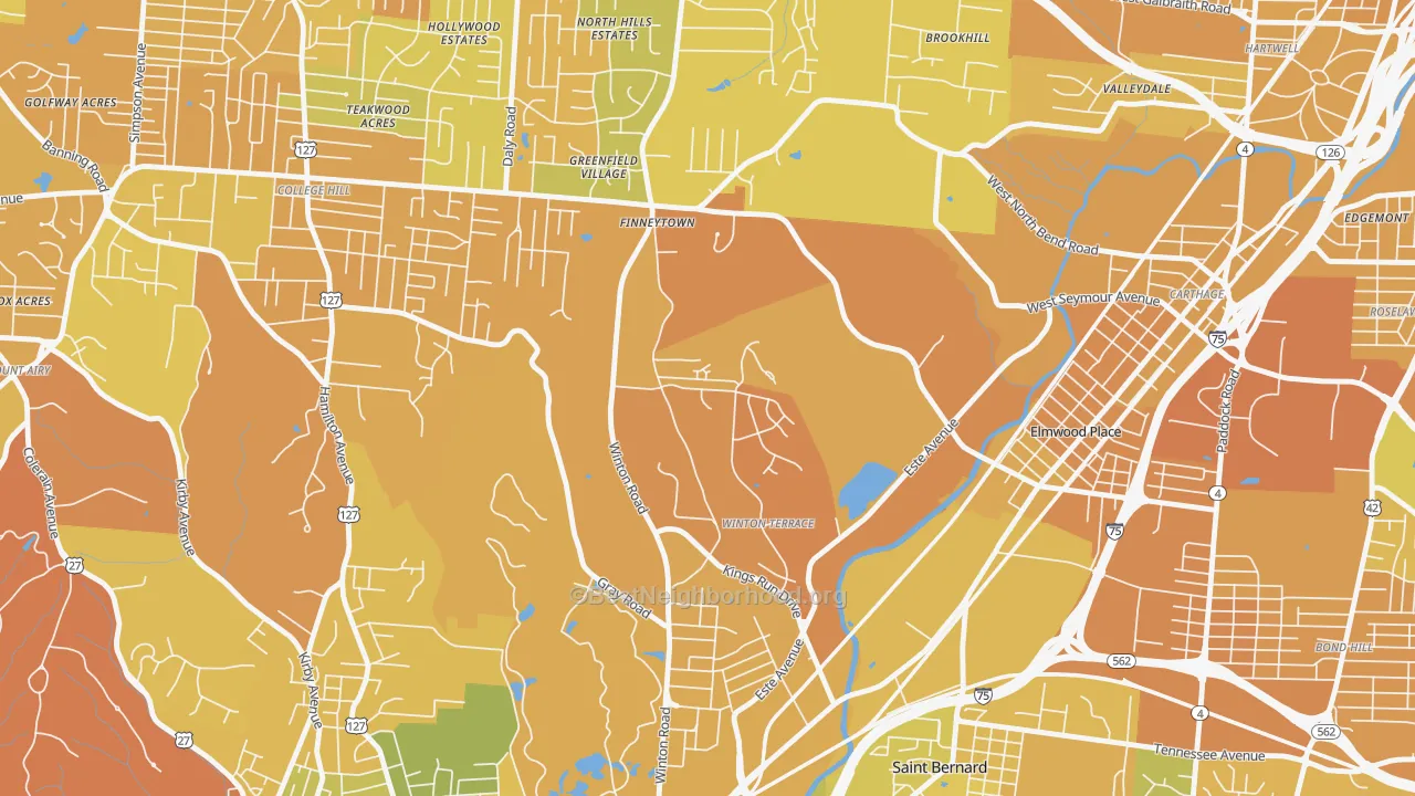 Map of the best neighborhoods in the Winton Hills, Cincinnati area, with better matches in green and worse matches in red