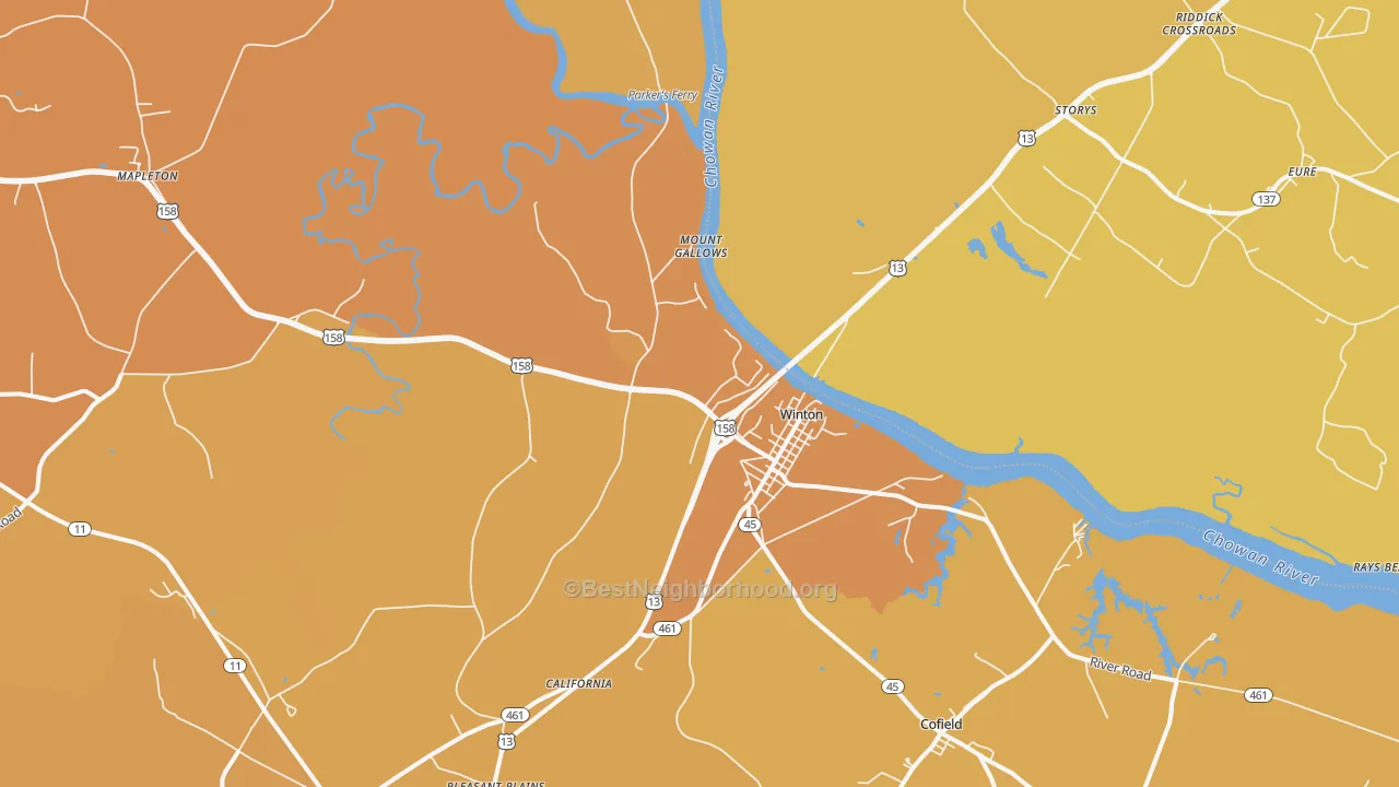 Map of the best neighborhoods in the Winton area, with better matches in green and worse matches in red