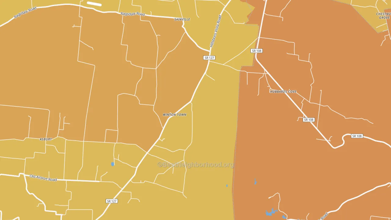 Map of the best neighborhoods in the Winton Town area, with better matches in green and worse matches in red