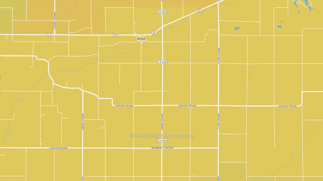 Map of the best neighborhoods in the Wiota area, with better matches in green and worse matches in red