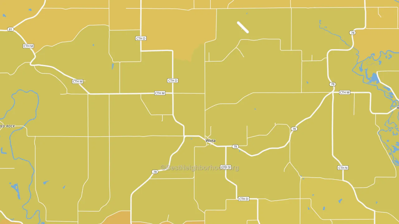 Map of the best neighborhoods in the Wiota area, with better matches in green and worse matches in red