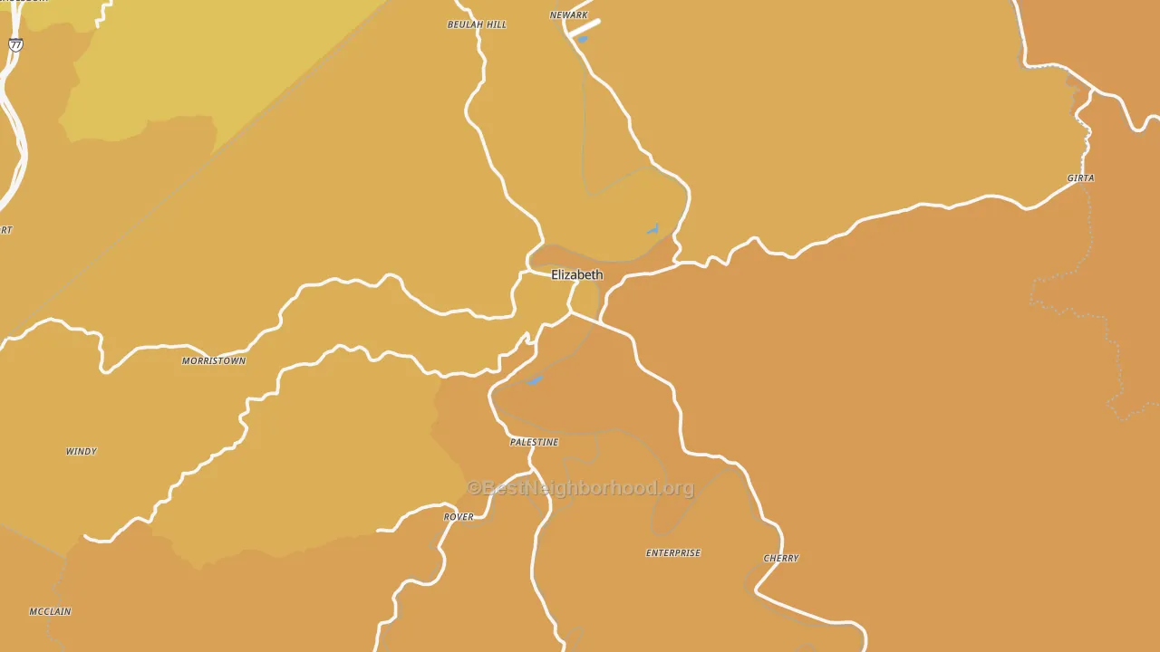Map of the best neighborhoods in the Wirt County area, with better matches in green and worse matches in red