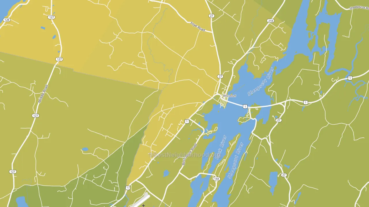 Map of the best neighborhoods in the Wiscasset area, with better matches in green and worse matches in red