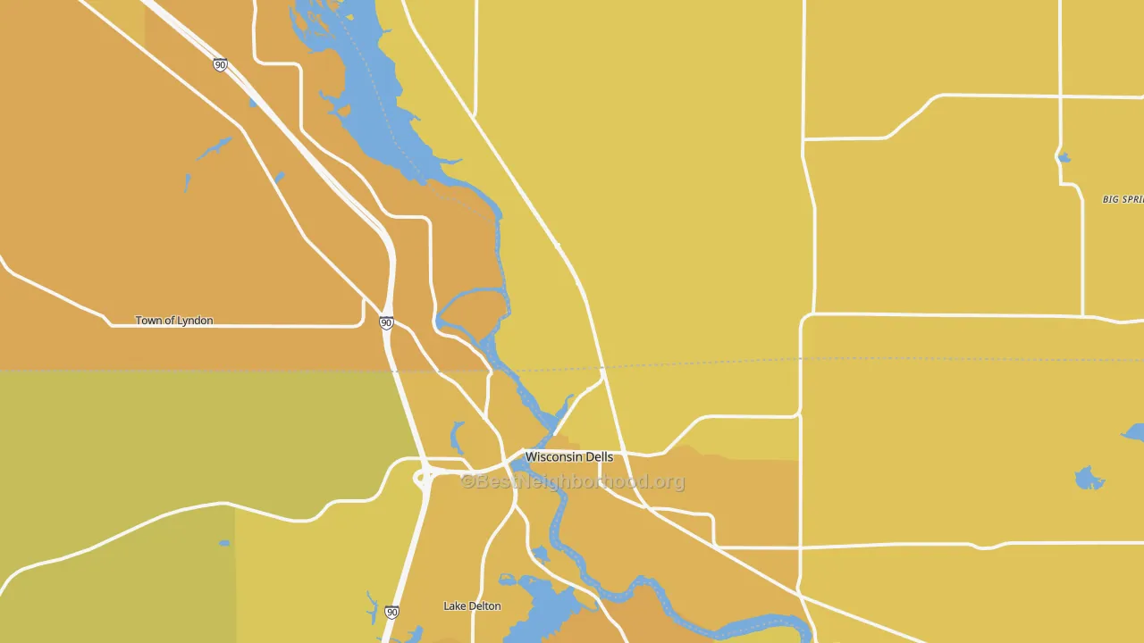 Map of the best neighborhoods in the Wisconsin Dells area, with better matches in green and worse matches in red
