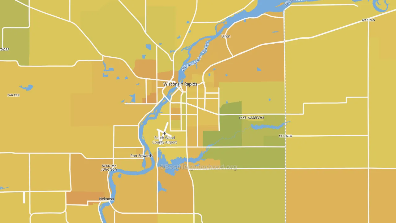 Map of the best neighborhoods in the Wisconsin Rapids area, with better matches in green and worse matches in red