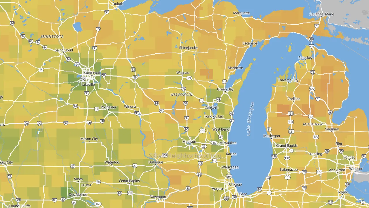 Map of the best neighborhoods in the Wisconsin area, with better matches in green and worse matches in red