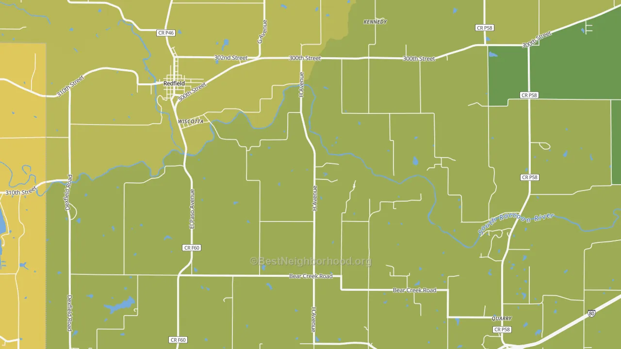 Map of the best neighborhoods in the Wiscotta area, with better matches in green and worse matches in red