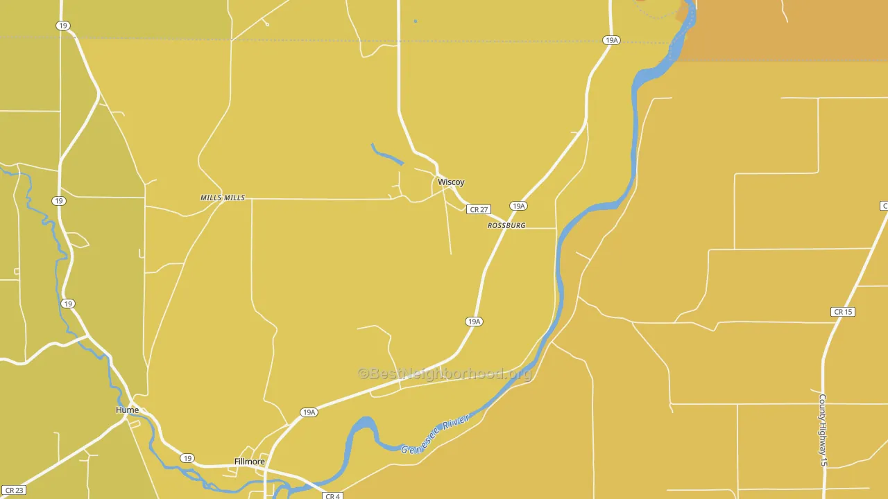 Map of the best neighborhoods in the Wiscoy area, with better matches in green and worse matches in red