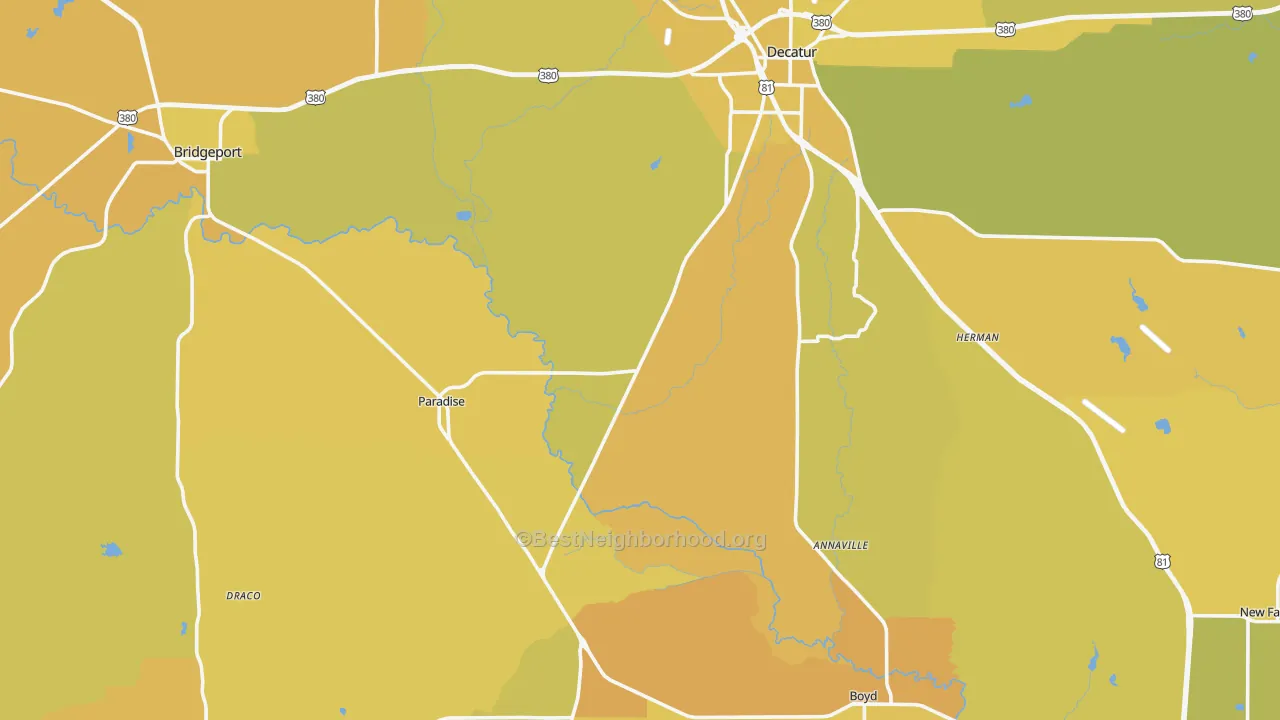 Map of the best neighborhoods in the Wise County area, with better matches in green and worse matches in red