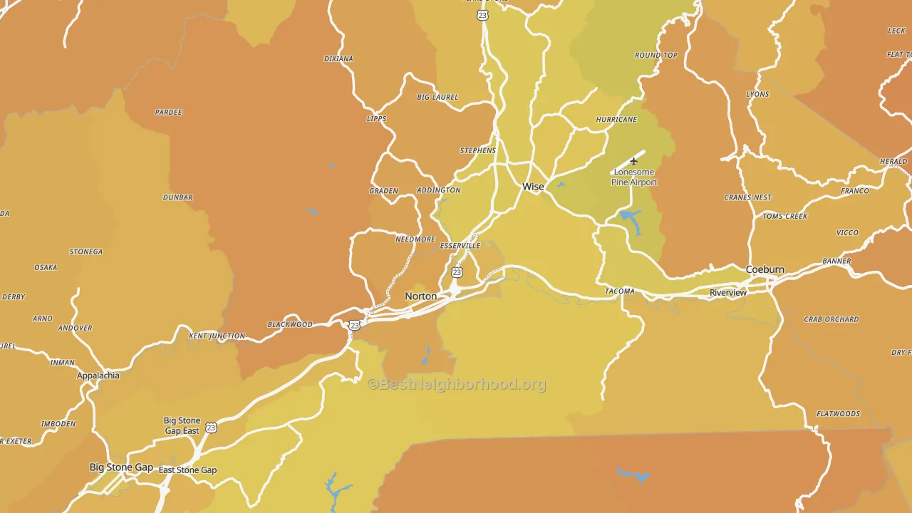 Map of the best neighborhoods in the Wise County area, with better matches in green and worse matches in red