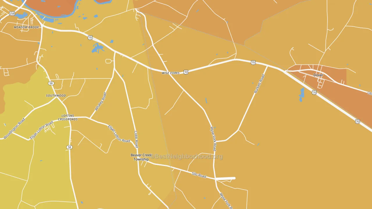 Map of the best neighborhoods in the Wise Forks area, with better matches in green and worse matches in red