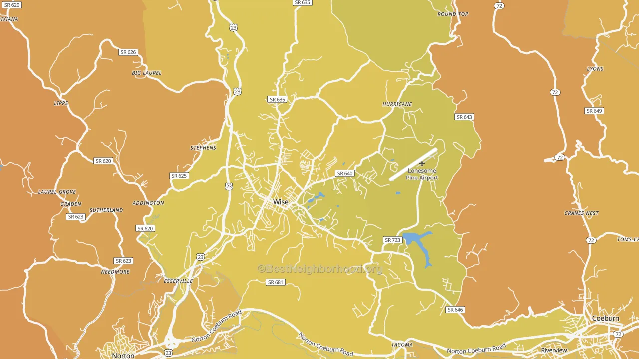 Map of the best neighborhoods in the Wise area, with better matches in green and worse matches in red
