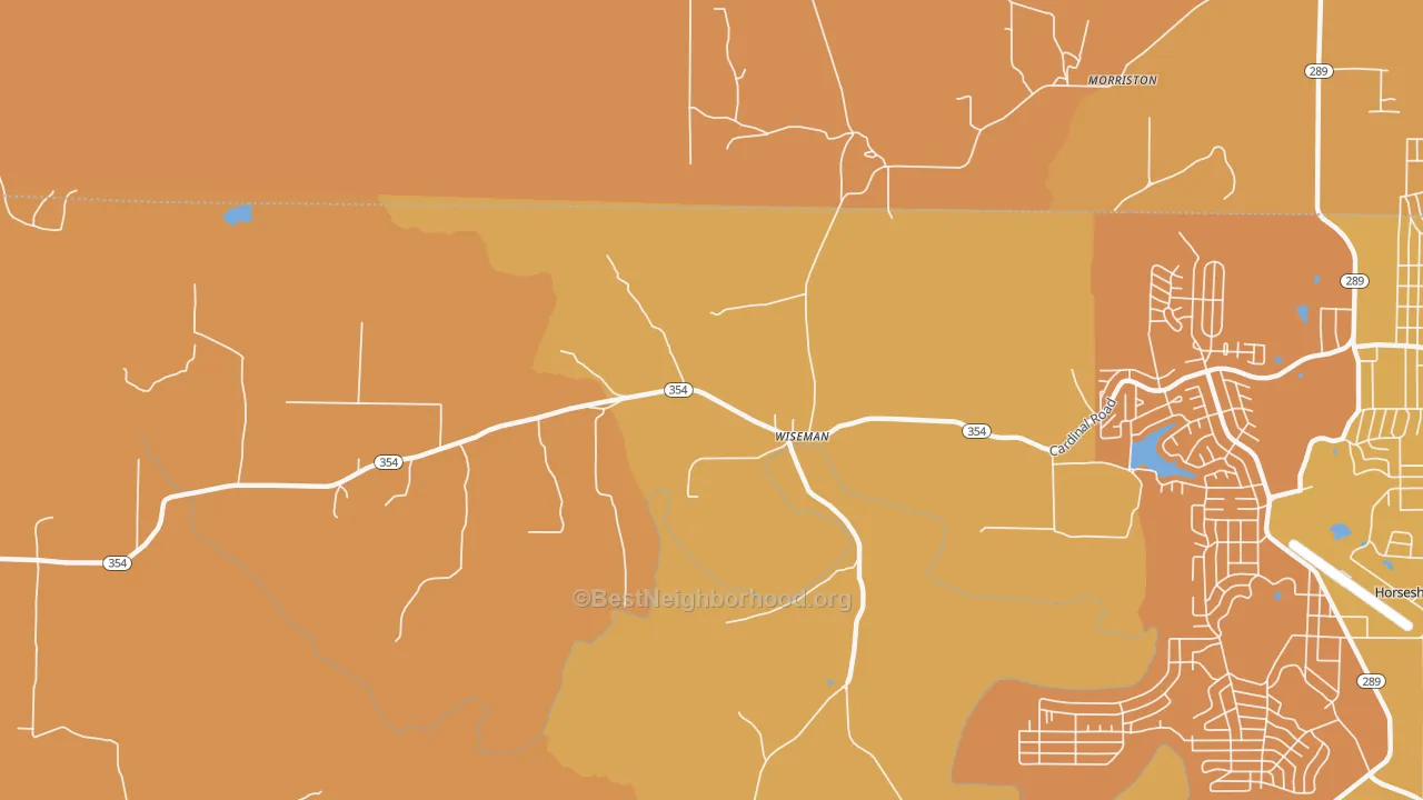 Map of the best neighborhoods in the Wiseman area, with better matches in green and worse matches in red