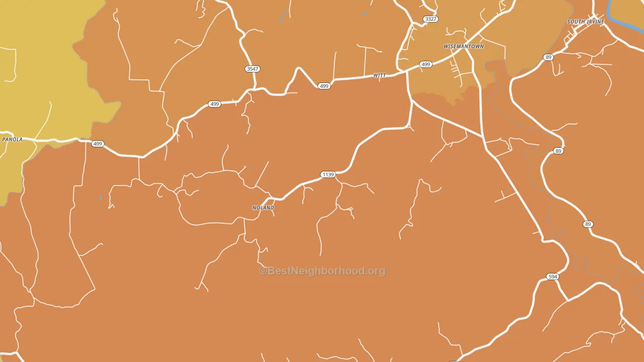 Map of the best neighborhoods in the Wisemantown area, with better matches in green and worse matches in red