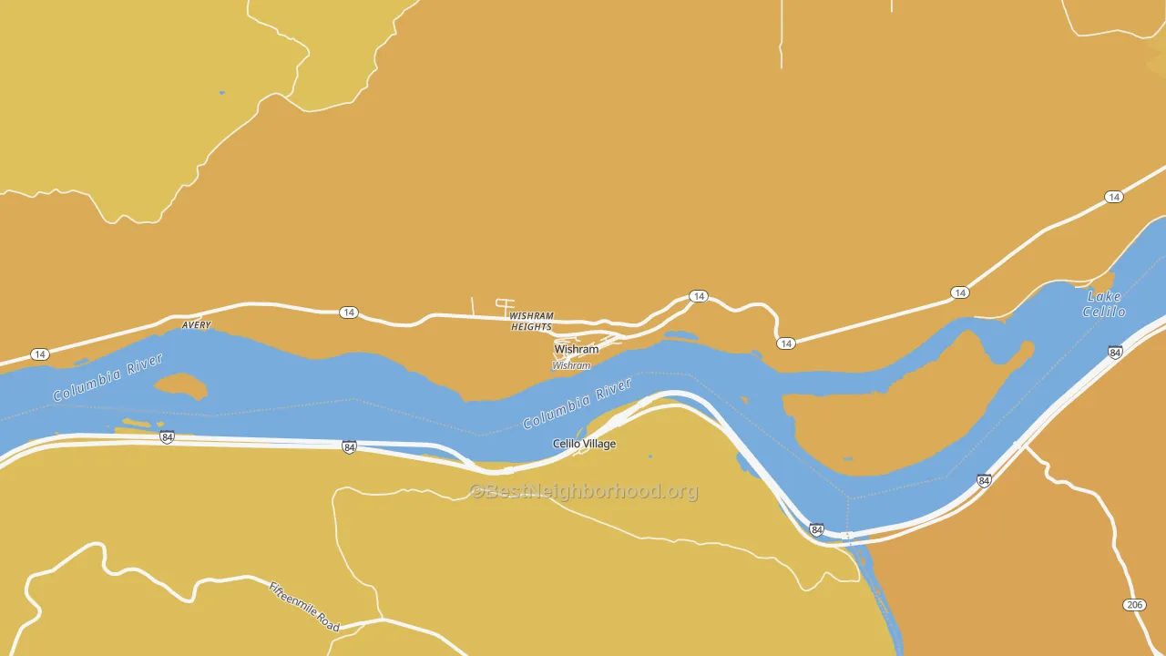 Map of the best neighborhoods in the Wishram area, with better matches in green and worse matches in red