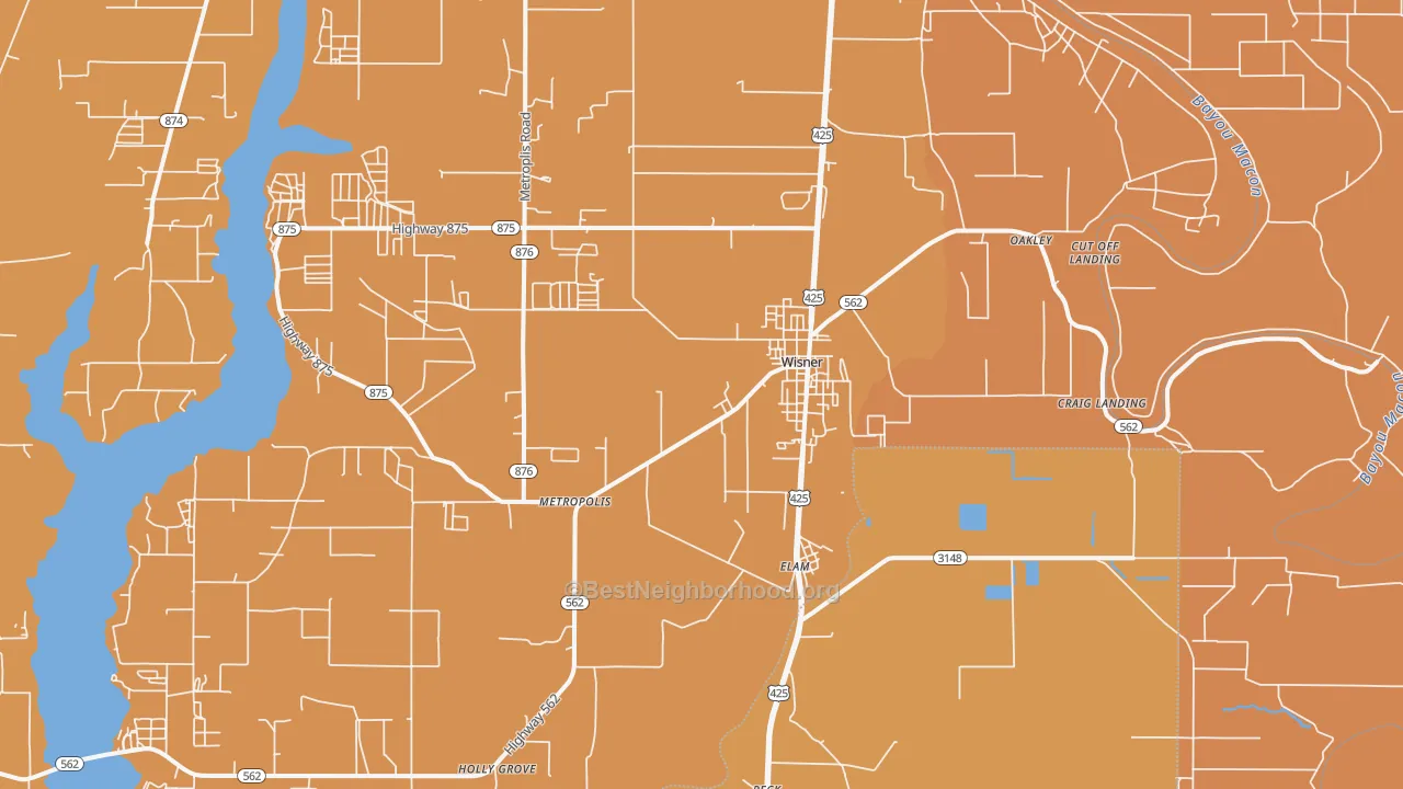 Map of the best neighborhoods in the Wisner area, with better matches in green and worse matches in red