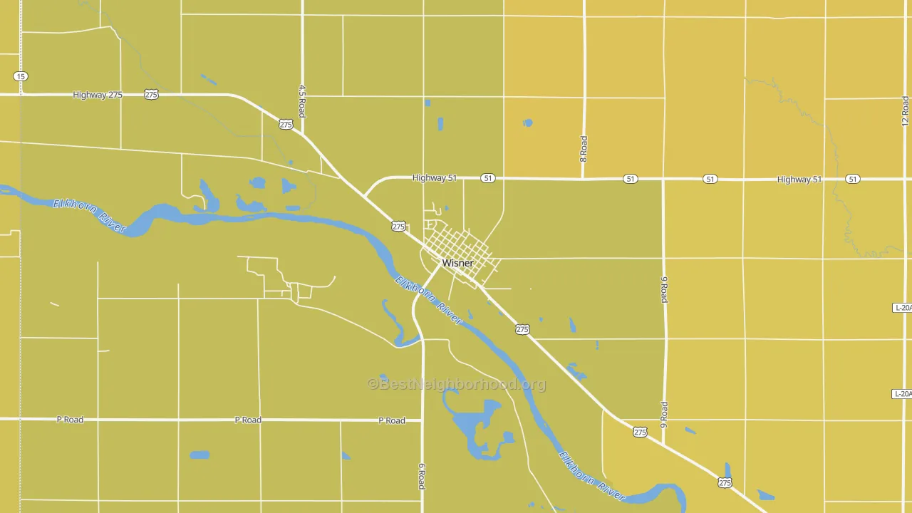 Map of the best neighborhoods in the Wisner area, with better matches in green and worse matches in red