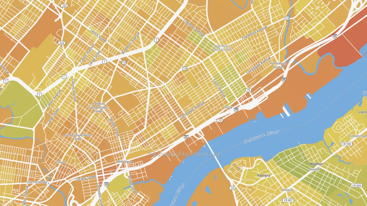 Map of the best neighborhoods in the Wissanoning, Philadelphia area, with better matches in green and worse matches in red