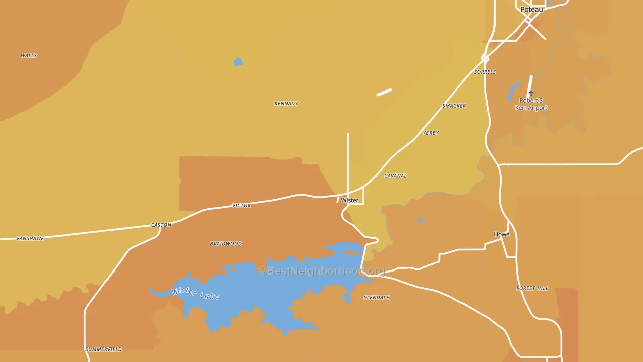 Map of the best neighborhoods in the Wister area, with better matches in green and worse matches in red