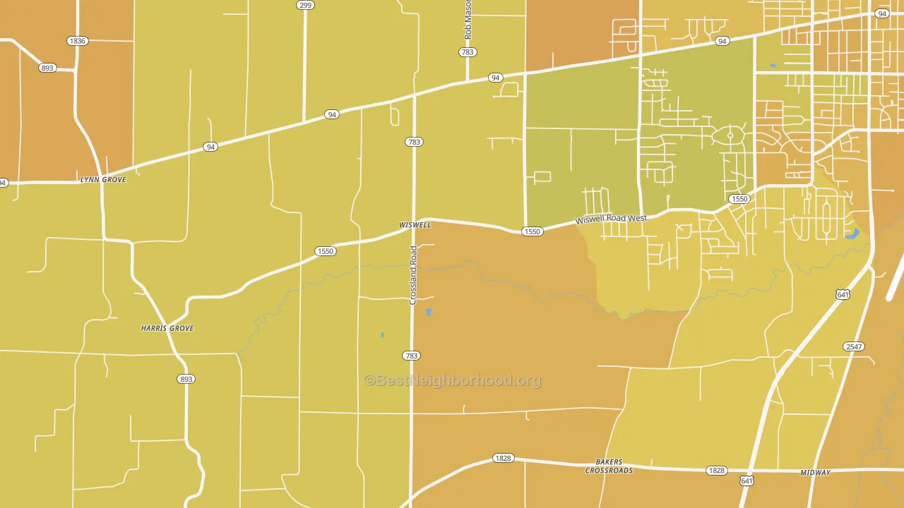 Map of the best neighborhoods in the Wiswell area, with better matches in green and worse matches in red