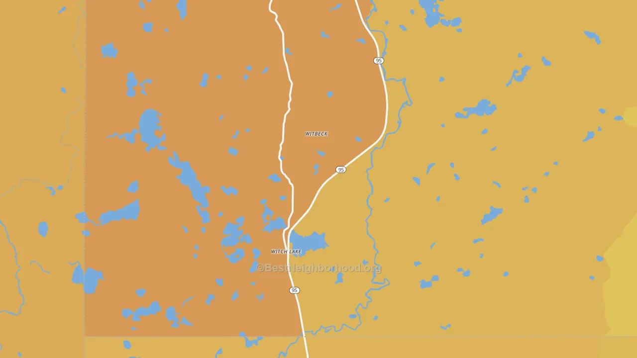 Map of the best neighborhoods in the Witch Lake area, with better matches in green and worse matches in red
