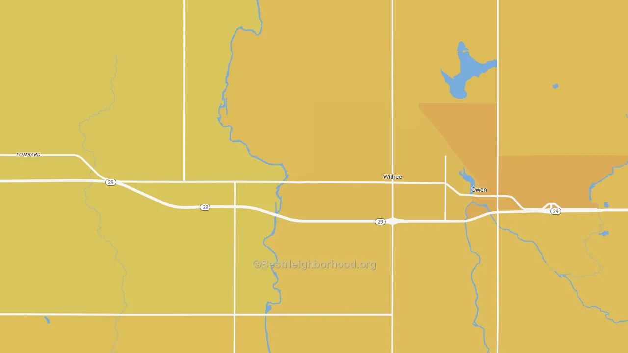Map of the best neighborhoods in the Withee area, with better matches in green and worse matches in red