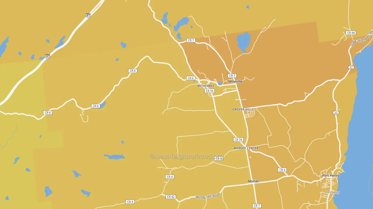 Map of the best neighborhoods in the Witherbee area, with better matches in green and worse matches in red