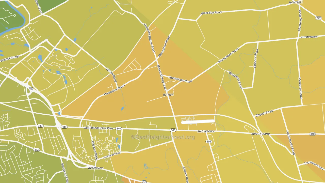 Map of the best neighborhoods in the Witmer area, with better matches in green and worse matches in red