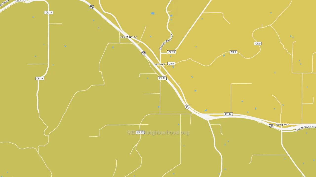 Map of the best neighborhoods in the Witoka area, with better matches in green and worse matches in red