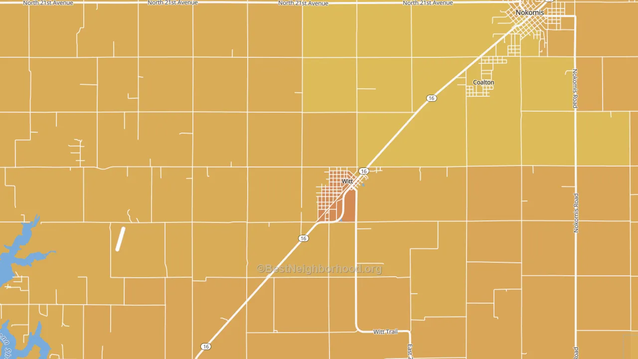 Map of the best neighborhoods in the Witt area, with better matches in green and worse matches in red